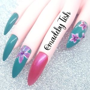 Gel Press On Nails Teal Blue Pink Floral Nail Art